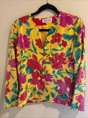 Albert Nipon Yellow Floral Sequin Button-Front Jacket Us 12